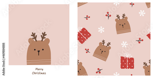 Seamless pattern with teddy bear, red berry branches, snowflakes and gift boxes on pink background. cute brown bear cartoon vector illustration. Christmas or New Year wallpaper decoration.