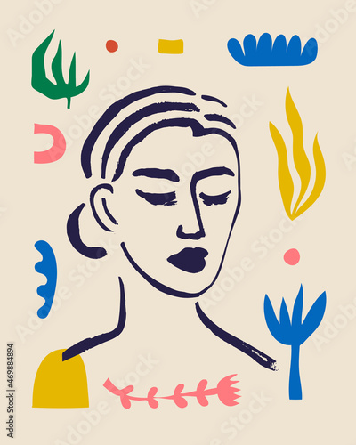 Vector woman art poster. Matisse inspired hand drawn contemporary portrait for print wall art decor, retro style. Abstract collage shapes.