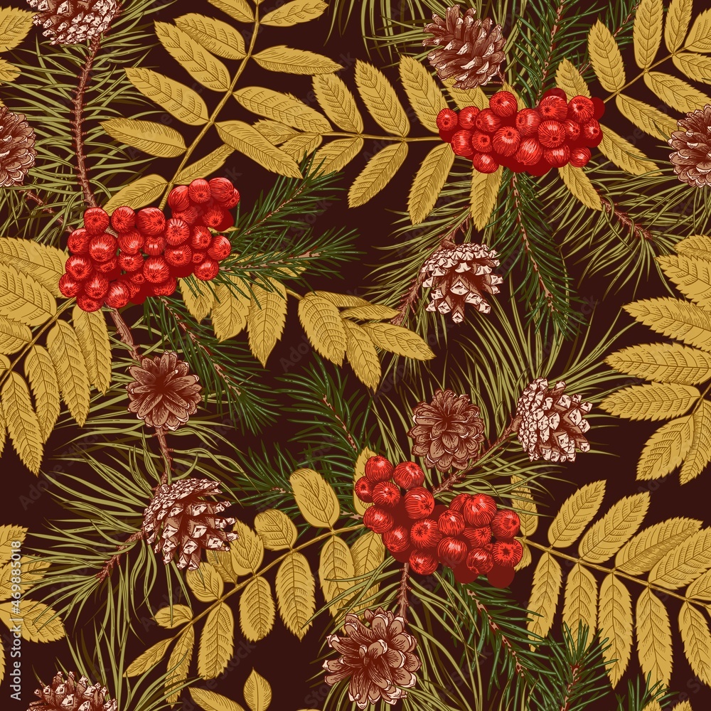 Christmas seamless pattern with conifers and rowan. Dark background. Vector botanical illustration. Ornament with spruce and pine. Traditional colors. Christmas seamless pattern with conifers and rowan. Dark background. Vector botanical illustration. Ornament with spruce and pine. Traditional colors.