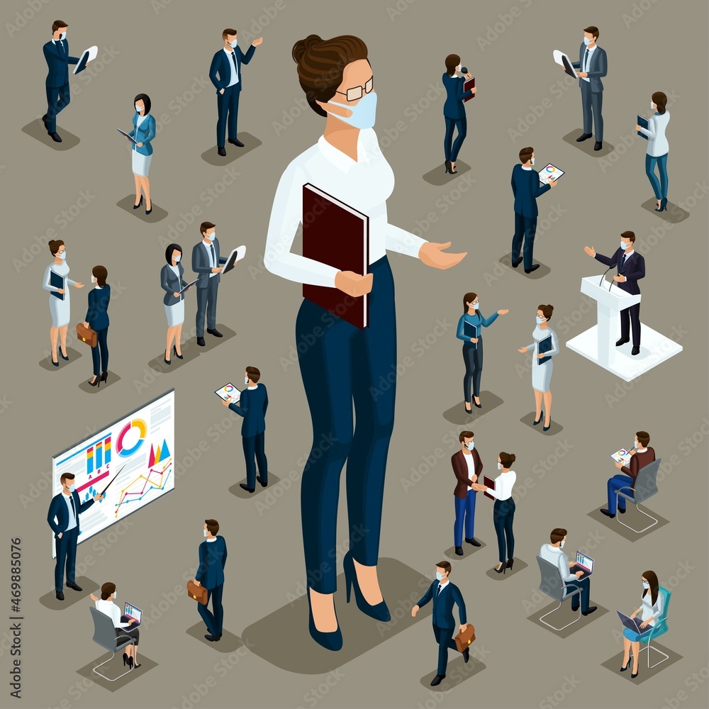 Isometric 3d businessman. Big man small workers and subordinates in masks during the epidemic. Female Director for vector illustrations Isometric 3d businessman. Big man small workers and subordinates in masks during the epidemic. Female Director for vector illustrations