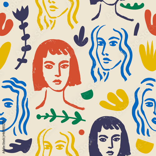 Vector woman art seamless pattern, background. Matisse inspired hand drawn contemporary portraits, flowers and abstract shapes for print wall art decor, retro style.