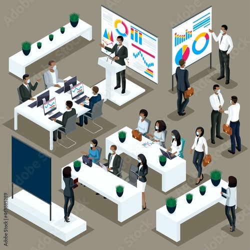 Isometrics set of African American office workers, training seminar, management, training, coaching.3D people for Vector illustrations