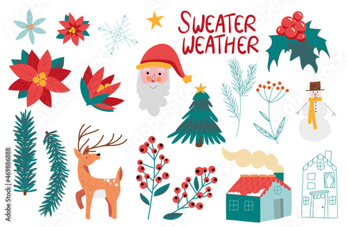planche de 19 éléments autour de Noël, des fleurs, des branches de sapin, un cerf, une tête de père noel, un bonhomme de neige, une maison avec cheminée, du houx, des étoiles