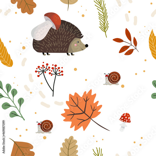 Seamless autumn pattern with hedgehog, mushroom, autumn leaves, snail, Thanksgiving.