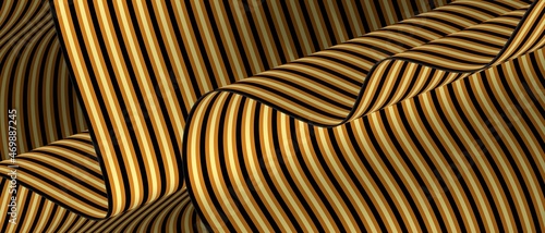 Abstract geometric wavy folds with stripes of brown, white and black colors. 3d rendering.