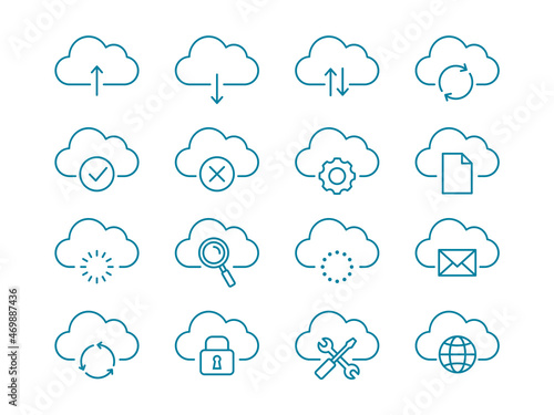 Cloud computing line icon set. Collection of 16 different cloud technology symbols. SaaS, IaaS concept. Synchronization, data back up, network settings, search. Vector illustration, flat, clip art. 