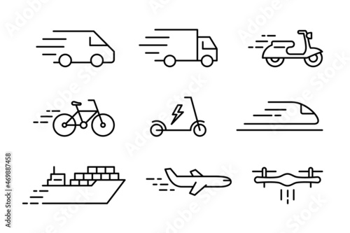 Delivery vehicles line icon set. Mode of transport. Distribution, logistics, shipping concept. Van, truck, moped, bicycle, scooter, train, ship, airplane, drone. Vector illustration, flat, clip art. 