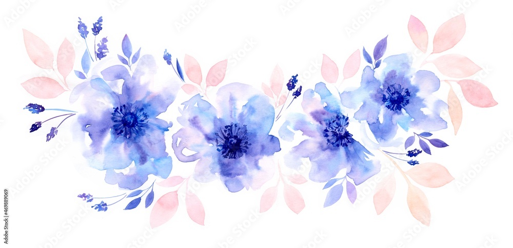Watercolor floral arrangement. Garland of blue transparent flower and pink leaves. Hand painted isolated design. Botanical illustration for wedding design, greeting cards