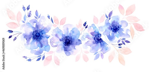 Watercolor floral arrangement. Garland of blue transparent flower and pink leaves. Hand painted isolated design. Botanical illustration for wedding design, greeting cards