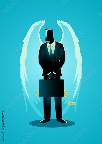 Businessman with angel wings carrying suitcase full of money