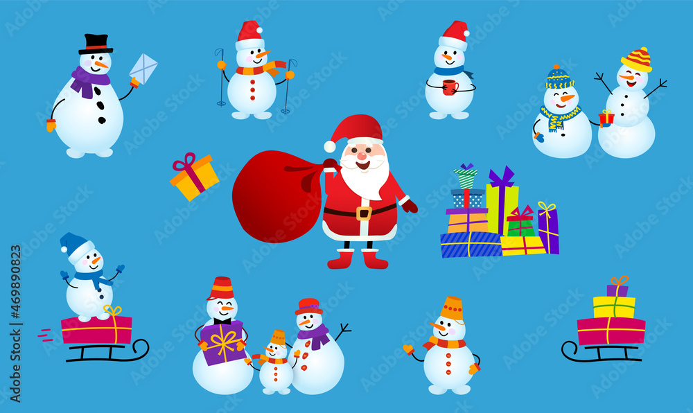 Set of snowman wear a winter theme and santa claus with a bag of gifts. Vector illustration on blue background.