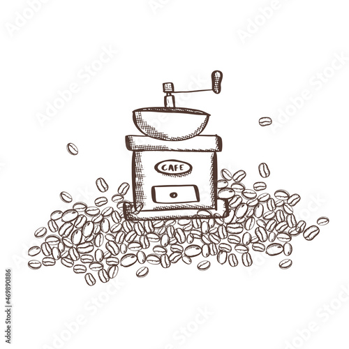 It's time to drink coffee. Coffee shop design concept. Coffee grinder on the background of grains