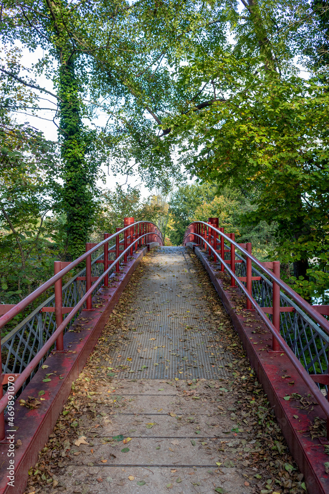 Red wooden bridge in the forest
