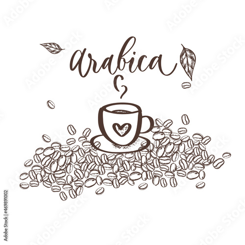 Coffee time. Coffee shop design concept. A cup of hot coffee arabica on a background of beans