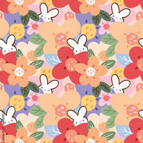 Seamless Pattern of Flower and Rabbit Illustration Design