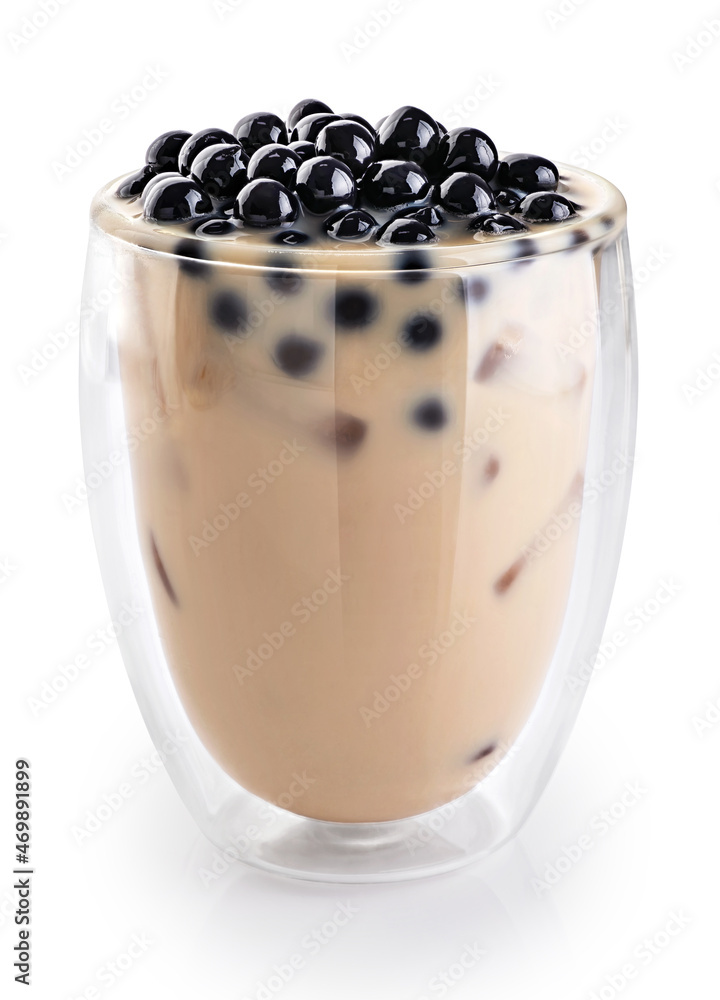 Taiwan milk tea with bubble in a double walled glass isolated on white background. With clipping path. Taiwan milk tea with bubble in a double walled glass isolated on white background. With clipping path.