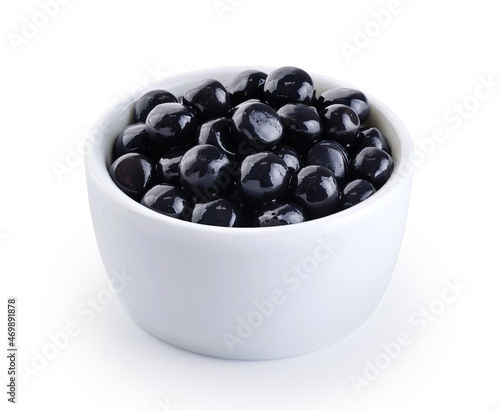 Black tapioca pearls for bubble tea isolated on white background. With clipping path. photo