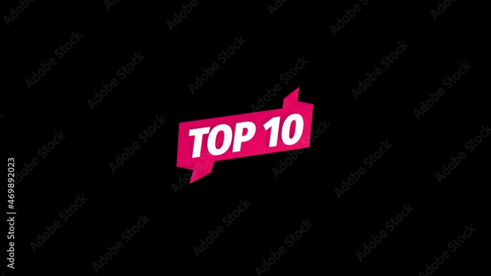 Top ten. Best 10 chart list rating. White word on pink ribbon. Winner tape award text title. Animation. Motion graphics. Top ten. Best 10 chart list rating. White word on pink ribbon. Winner tape award text title. Animation. Motion graphics.