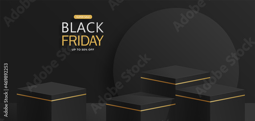 3d Round or square podium stage for Black Friday sale poster with black paper cut and craft style on color background for banner, poster or web site