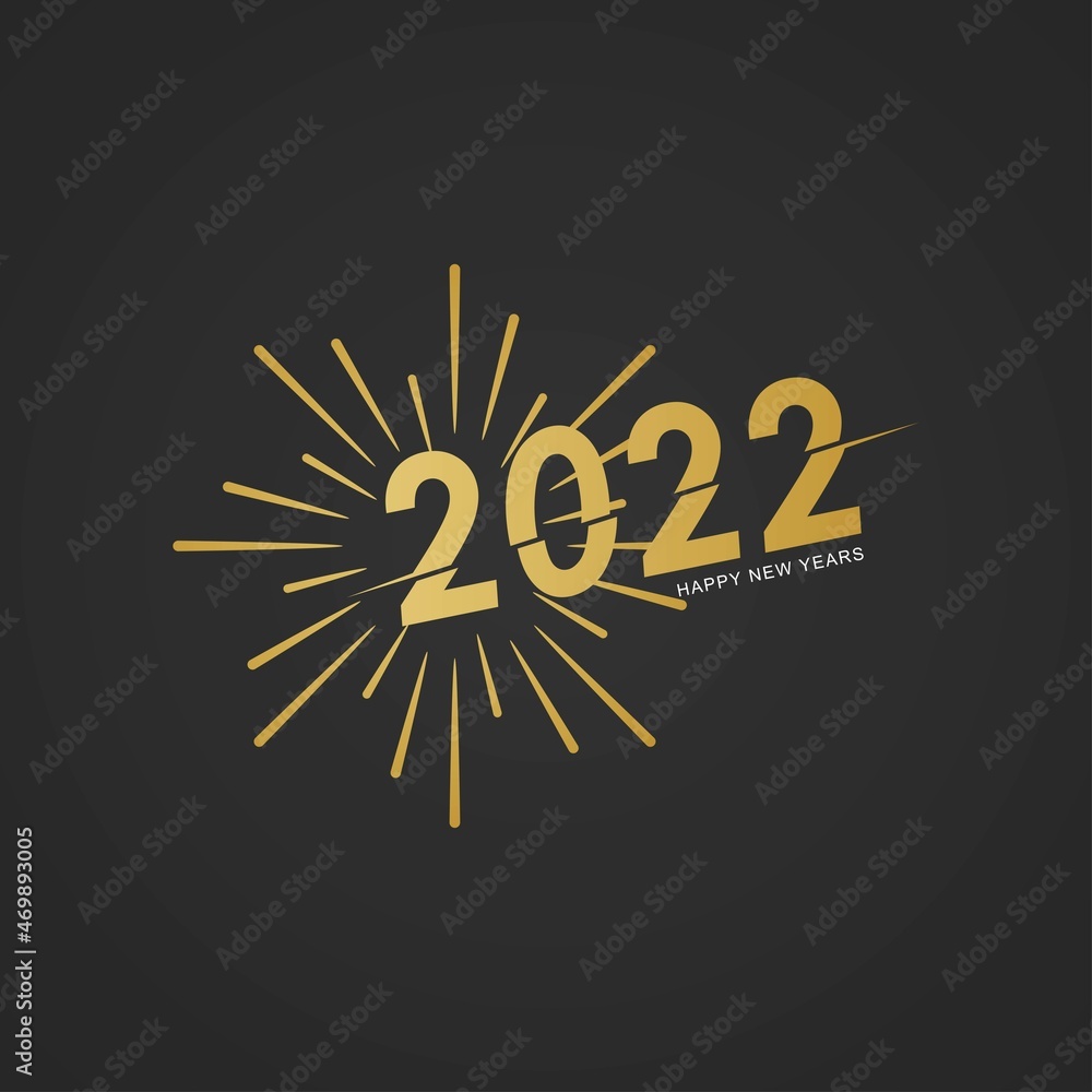 Fototapeta premium Happy new 2022 year social media post template. Elegant gold text with light. Vector holiday illustration with 2022 logo text design.