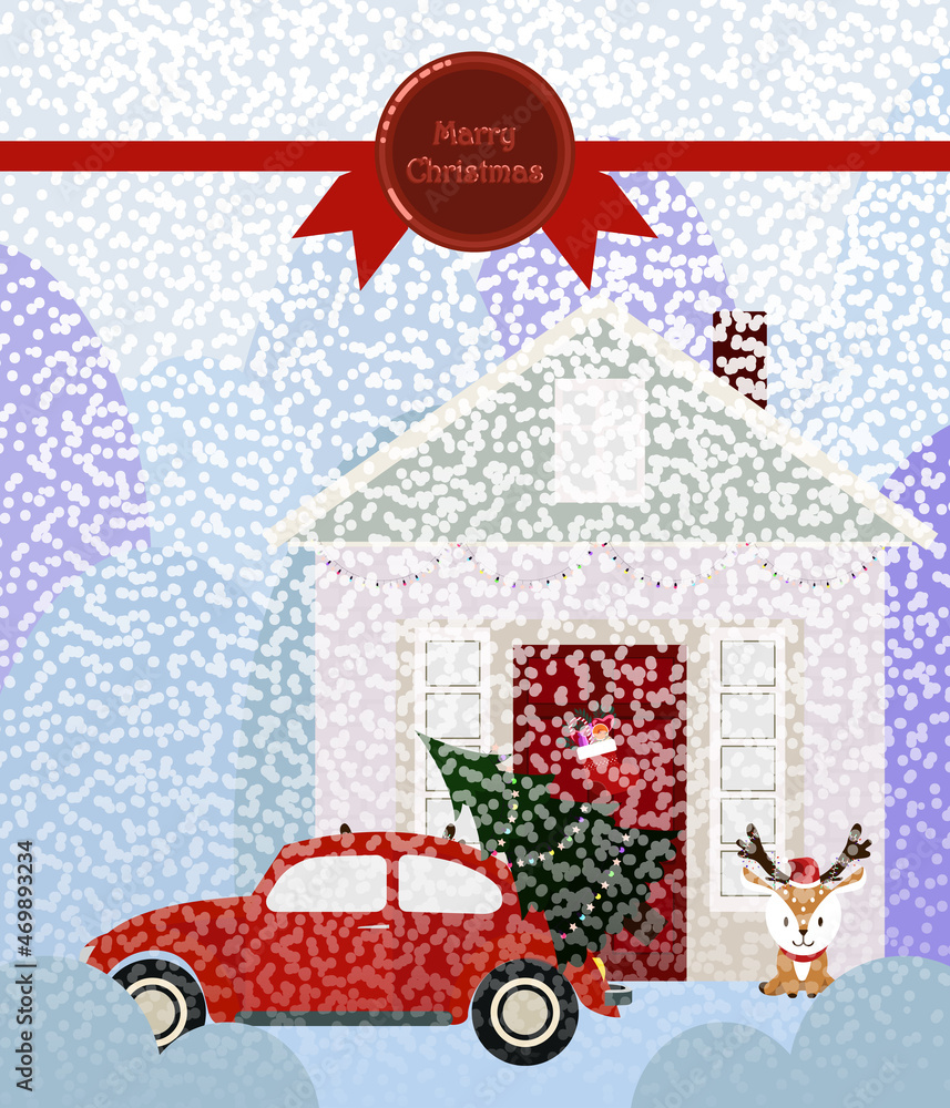 Christmas pre-new year cute card. An image of a car carrying a Christmas tree. Home comfort. Greeting poster template.