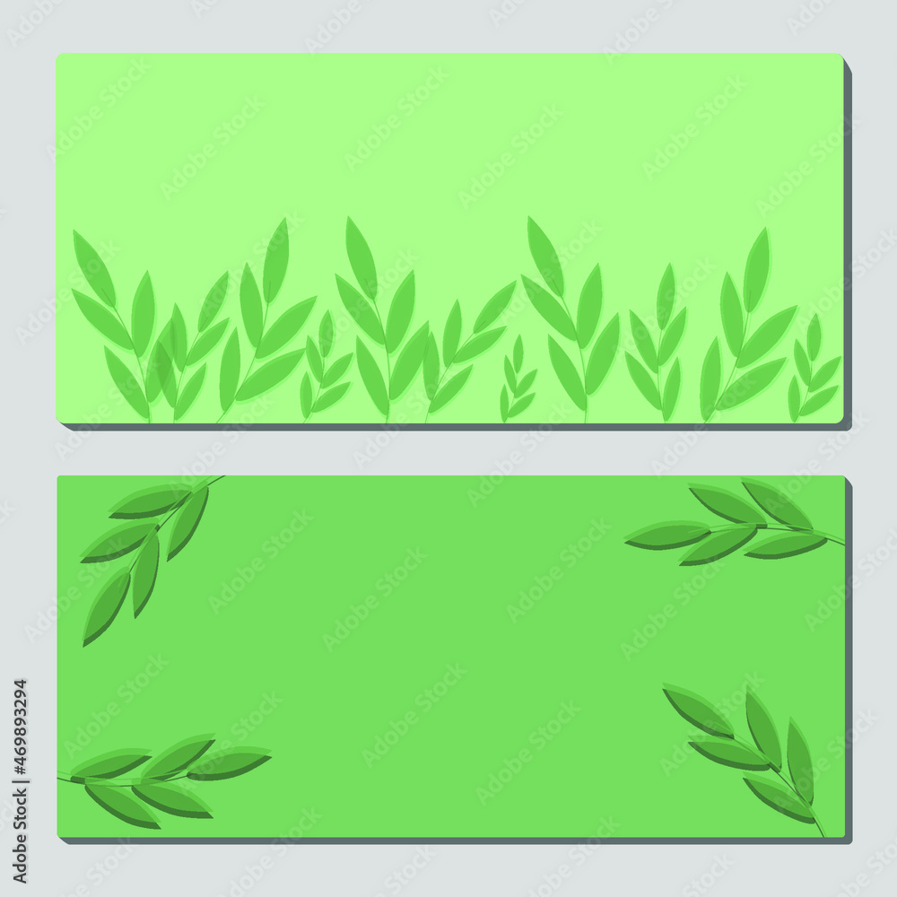 Two templates for 14 February, Happy Valentine's Day or 8 March. Two shades of green postcard with green twigs with leaves. Wallpaper, flyers, invitations, posters, brochure, banners.