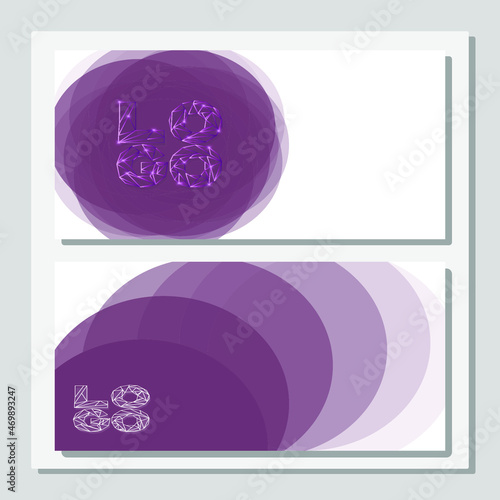 Two polygonal linear vector template for banner or business card logo, purple color on a background of shades of purple circles, for design.