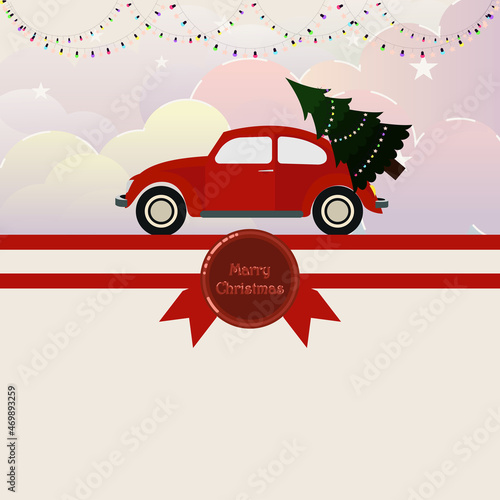 Christmas pre-new year cute card. An image of a car carrying a Christmas tree. Home comfort. Greeting poster template.