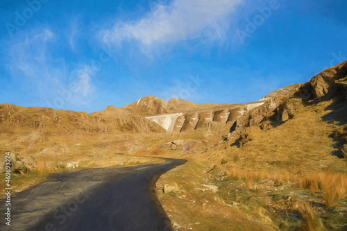 Digital painting of Stwlan Dam and the Moelwyn mountain range.