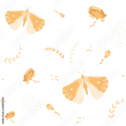 Mystical butterflies seamless pattern. Hand drawn insects  rose flower  branches and textures. Nature background. Beautiful minimal graphic illustration  yellow blossom  fairy garden.