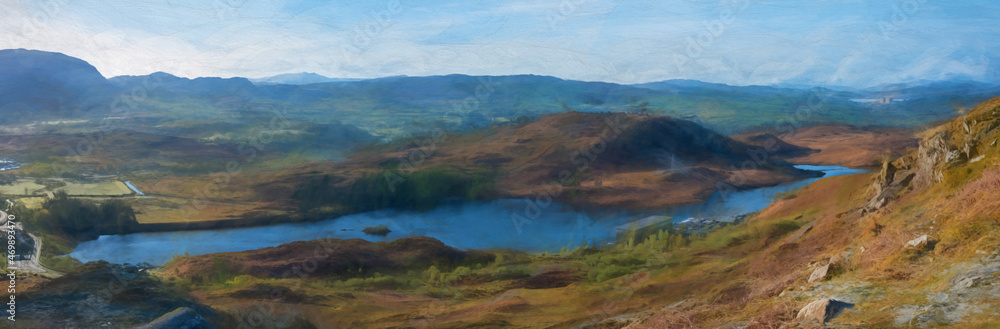 Digital painting of Tanygrisiau reservoir panorama at Blaenau Ffestiniog