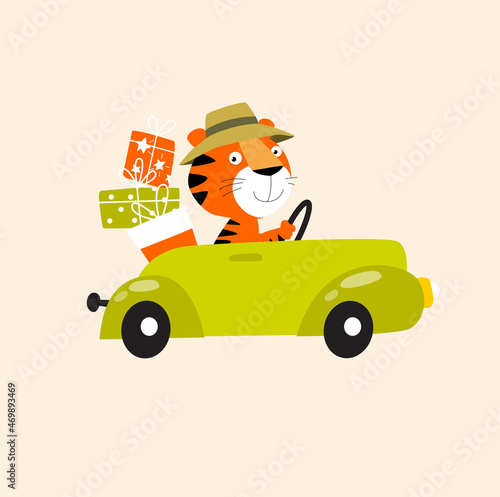 Print. Cartoon tiger in the car. The tiger is carrying gifts. Delivery of gifts.