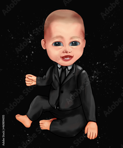 funny white kid in a business suit. cartoon baby boy with big eyes.baby boy boss