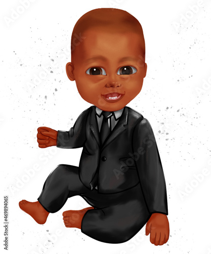 smiling dark-skinned kid in a business suit. cartoon baby boy with big eyes.baby boy boss