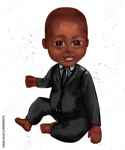 smiling dark-skinned kid in a business suit. cartoon baby boy with big eyes.baby boy boss