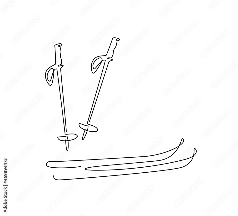 Vecteur Stock Ski and ski stocks. one line, outline, simple line. line art  | Adobe Stock