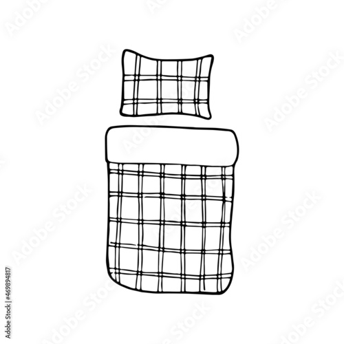 Hand drawn doodle plaid bed. Vector pillow and blanket.