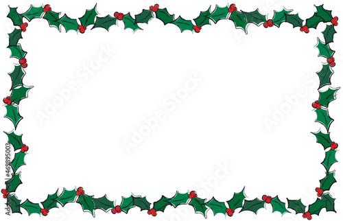 A frame of holly leaves over a white background. Border with space for text suitable for gift cards and Christmas themed projects. EPS10 vector format. 
