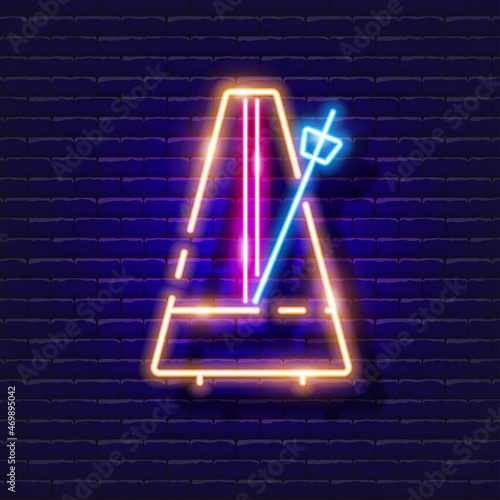 Metronome neon icon. Music glowing sign. Music concept. Vector illustration for Sound recording studio design, advertising, signboards, vocal studio.