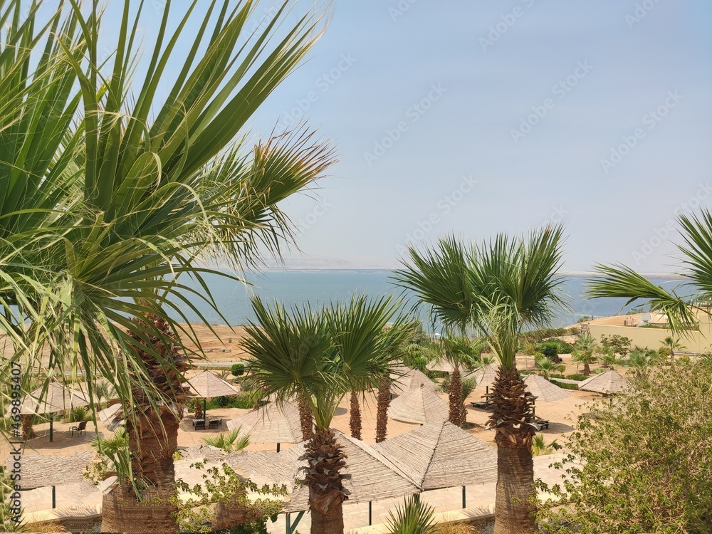 Plage et hôtel près de la mer Morte, avec quelques arbustes et de la verdure, des tentes et des transats, forte chaleur, vide et décor exotique, en Jordanie. . 