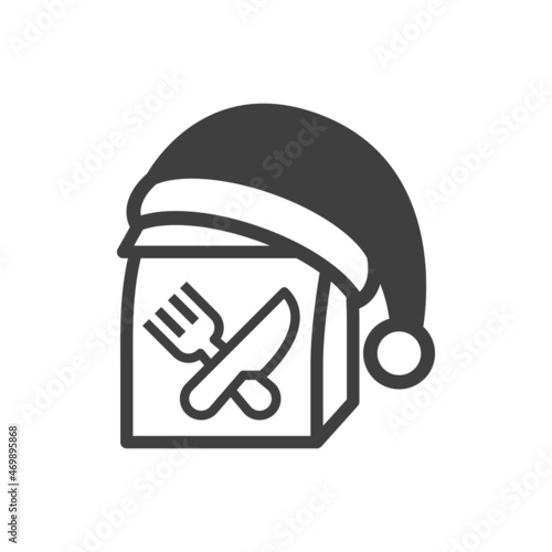 Comida para llevar. Menú navideño. Logotipo bolsa de papel con cubiertos y sombrero de Papá Noel con líneas en color gris