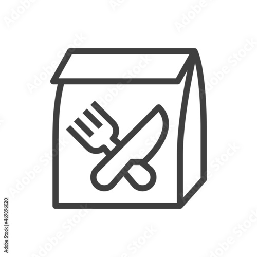 Comida para llevar. Bolsa con cubiertos cruzados. Logotipo bolsa de papel con cuchillo y tenedor con líneas en color gris