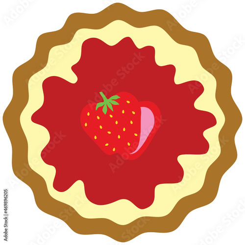 Simple cartoon SVG graphic illustration of red fruit sauce filling strawberry and cream pie tart flan with fluted pastry base and strawberry topper. Interlocking layers suitable as cut file