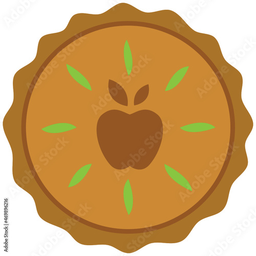 Simple cartoon SVG graphic illustration of green apple fruit filled pie tart flan with fluted pastry base vented crust and baked brown apple symbol marking . Interlocking layers suitable as cut file