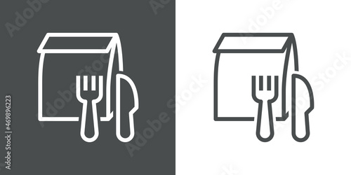 Comida para llevar. Bolsa con cubiertos. Logotipo bolsa de papel con cuchillo y tenedor con líneas en fondo gris y fondo blanco