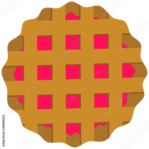 Simple cartoon SVG graphic illustration of red cherry strawberry jam sauce filling pie tart with criss cross crust square cutout top and fluted pastry base. Interlocking layers suitable as cut file