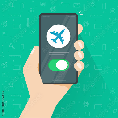 Airplane mode switched on phone and person man hand vector, air plane cellphone smartphone notice, cellular telephone flight info notification flat cartoon illustration