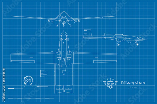 Outline military drone top, side, front view. Isolated army plane. Modern unmanned bomber blueprint