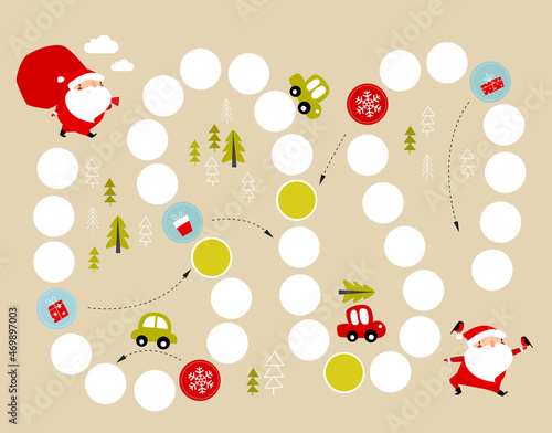 Print. Vector board Christmas game for children. Advent calendar. New Year's game. Labyrinths. Santa Claus. Christmas Poster, postcard. Happy New Year and Christmas.
