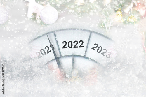 Countdown to midnight. Clock of holiday counting last moments before Christmas or New Year 2022.